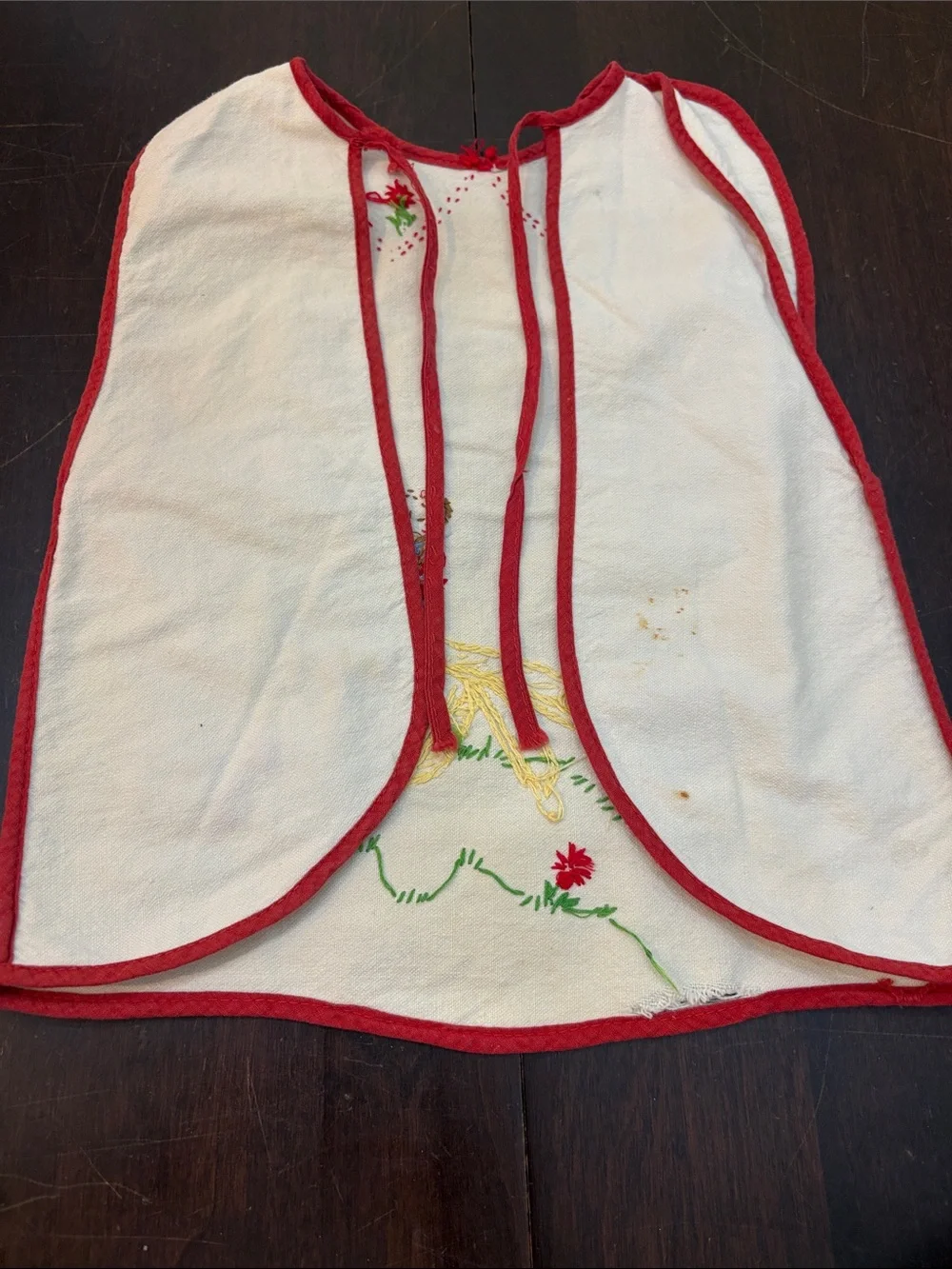 Vintage White and Red Bib Apron with Embroidered Teddy Bears